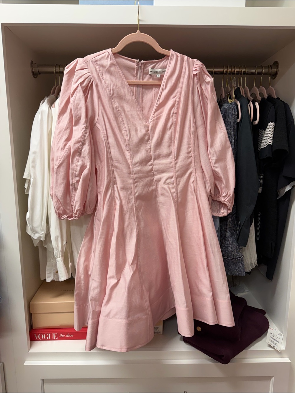 English Factory Pink Puff Sleeve V-Neck Mini Dress